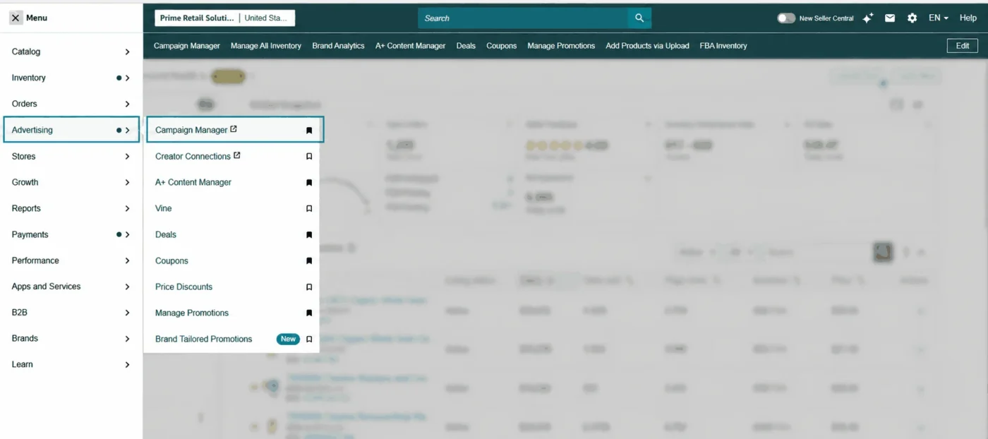 image showing step 1 of How to Create Amazon Advertising Sponsored Product Ads